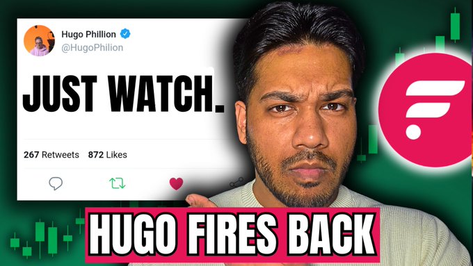 The image is a YouTube thumbnail featuring Hugo Phillion's tweet that simply reads "JUST WATCH." with 267 retweets and 872 likes, alongside the Flare (FLR) logo on a green candlestick chart background, with bold text at the bottom declaring "HUGO FIRES BACK." This ties to the post explaining that Hugo's tweet signaled Flare isn't competing with Chainlink's oracles but is instead building a broader ecosystem, a bullish perspective for $FLR holders.