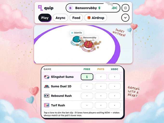 A pink and purple themed UI mockup for 'quip' featuring user 'Bensonrubby' playing a game called 'Slingshot Sumo' against 'lalamilla' with 'Sweet Victory' displayed.