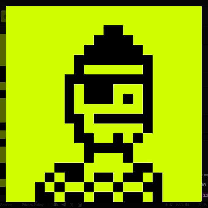 A pixelated digital art portrait of a person wearing sunglasses and a necklace, rendered in black against a bright neon yellow-green background.
