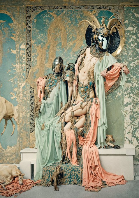 A figure in elaborate ornate armor and a horned helmet stands draped in flowing peach and mint green fabrics, accompanied by a second hooded figure and small animals, all set against a richly patterned blue and gold backdrop—appearing to be the digital artwork "Obfuscated Ascent of Ilium's Fabricated Mind" by @ganbrood, token KT1C7P3 on objkt.com.
