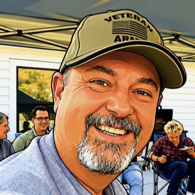 An illustrated portrait of a smiling bearded man wearing a 'VETERAN' cap, seated outdoors with other people visible in the background.