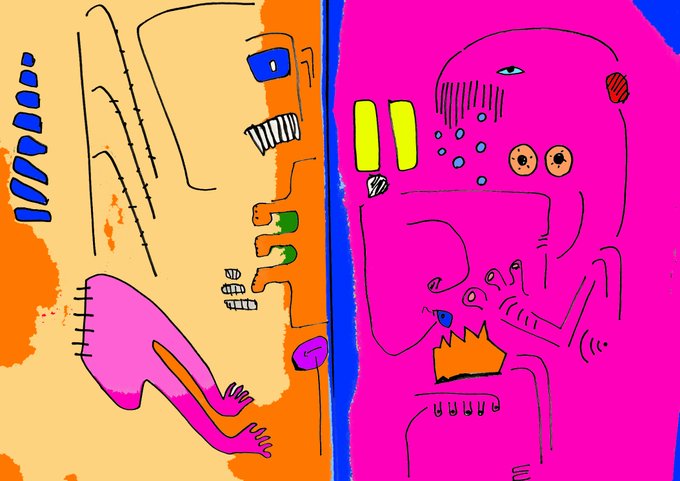 A vibrant abstract digital artwork split into two halves: a yellow-orange side with blue geometric shapes and a large pink form, and a bright pink side featuring two yellow pill shapes, eyes, and an orange crown-like figure.