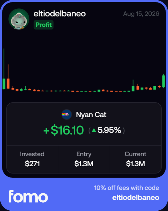 A Fomo app trade card from user 'eltiodelbaneo' dated Aug 15, 2026 showing a profit of +$16.10 (5.95%) on Nyan Cat, with $271 invested and an entry/current value of $1.3M, and a promo code 'eltiodelbaneo' for 10% off fees.