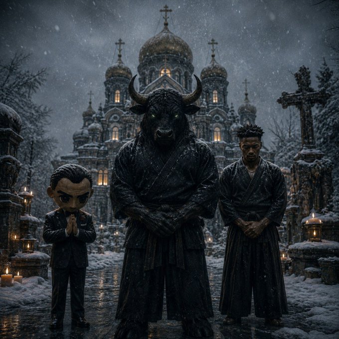 A dark, surreal winter scene depicts three figures—one with a bull's head glowing green eyes, a crowned man, and a smaller suited figure—all in prayer poses before an ornate Orthodox cathedral under falling snow, with a golden Orthodox cross visible to the right. The image evokes a mood of unwavering, almost cult-like devotion and faith, visually echoing the post's message of steadfast conviction and commitment to $ANSEM as a divine calling.