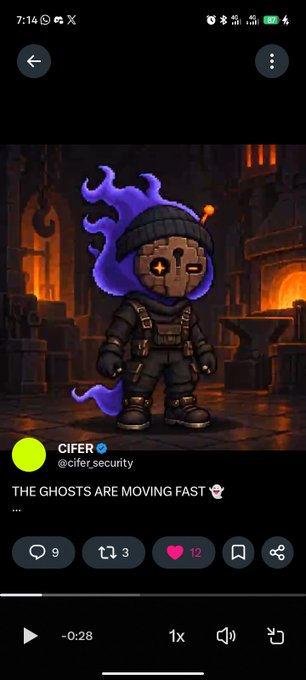 A tweet from CIFER (@cifer_security) reads 'THE GHOSTS ARE MOVING FAST' above an illustration of a masked, purple-flamed cartoon character in tactical gear.