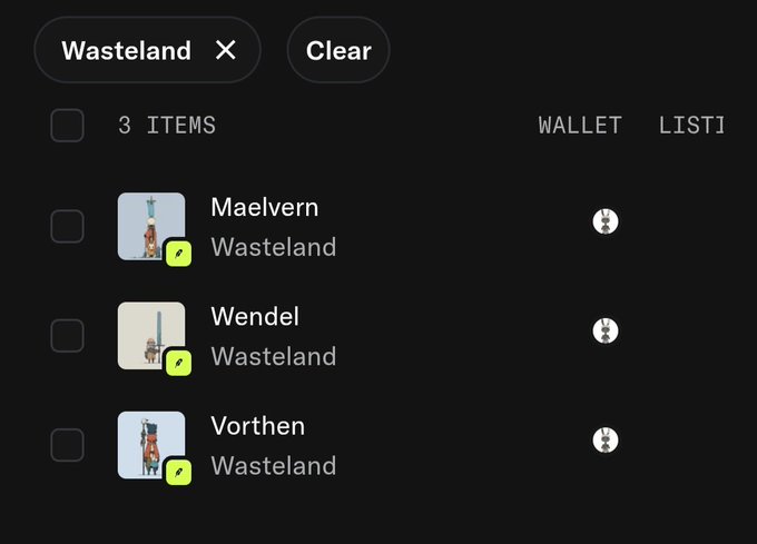A mobile app interface displays a marketplace filtered by 'Wasteland' showing 3 items: 'Maelvern Wasteland', 'Wendel Wasteland', and 'Vorthen Wasteland', each with an icon and wallet listing.