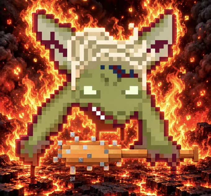 A pixel art illustration of a green goblin-like character with blonde hair wielding a spiked club, standing amidst dramatic flames and a fiery background.