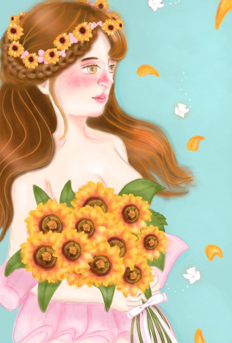 A soft illustration portrays a young woman with long flowing auburn hair, wearing a floral sunflower crown and a pink dress, holding a large bouquet of sunflowers against a teal background.