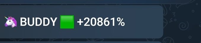 The image shows a trading card-style graphic featuring the unicorn logo and ticker "BUDDY" alongside a green gain indicator displaying "+20861%". This visually supports the post's claim that the poster's trading agent made an extraordinary ~20,861% return on the BUDDY token.