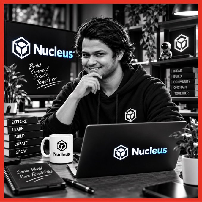 A man sits at a desk with a laptop displaying the 'Nucleus' logo, surrounded by books labeled with words like 'Explore,' 'Learn,' and 'Build.'