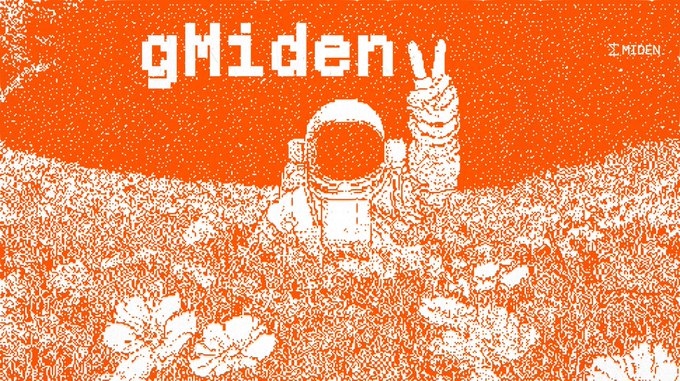 Pixelated orange graphic showing an astronaut on an alien planet with flowers, featuring the text 'gMiden' and 'MIDEN'.