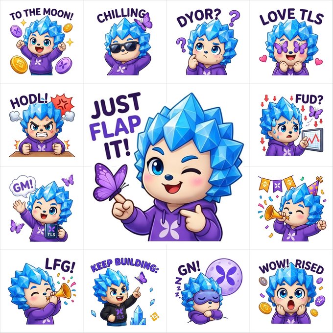 The image features a collage of various cartoon characters wearing purple shirts with different phrases written on them. The phrases include "Just Flap It!", "Keep Building", "Gn!", "WOW!", and "Rise!". These characters are spread across the image, showcasing their unique personalities and messages.
