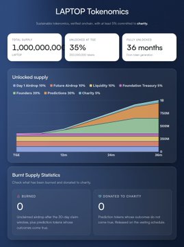 An infographic titled 'LAPTOP Tokenomics' detailing sustainable tokenomics with at least 5% committed to charity, showing a maximum supply of 1,000,000,000, 35% charity allocation, 36 months staking period, and an unlocked supply breakdown chart over time.