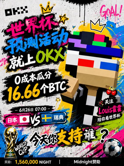 A vibrant graffiti-style promotional poster for OKX's World Cup prediction event, featuring a Minecraft-style 3D character wearing 3D glasses, announcing a Japan vs Sweden match on June 26th at 7:00 with 16.66 BTC prize pool and 1,560,000 NIGHT token rewards sponsored by Midnight.