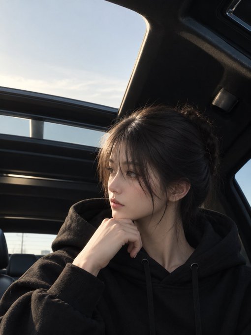 A young woman with dark hair sits inside a car, gazing thoughtfully out the window in a black hoodie, her serene expression matching the post's peaceful Sunday morning sentiment of fresh energy and appreciation for the new day.