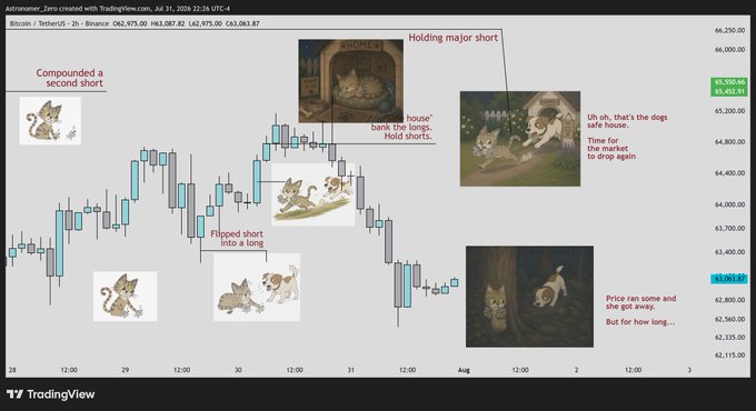 The image is a TradingView candlestick chart of Bitcoin (BTC) from July 28 to August 3, 2026, on Binance, with humorous cat-and-dog memes and annotations labeling various price action moments—including "Compounded a second short," "Flipped short into a long," "house bank the longs. Hold shorts.," "Uh oh, that's the dogs safe house," and "Price ran some and she got away. But for how long..."—which playfully narrates the price movements as a chase scene between the cat and dogs, mirroring the post's theme of the cat escaping her pursuers and finding brief safety after dodging market volatility.