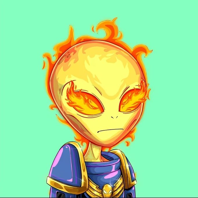 A digital illustration features a character with a flaming yellow and orange head, glowing flame-like eyes, and a serious expression, wearing purple and gold armor against a light green background.