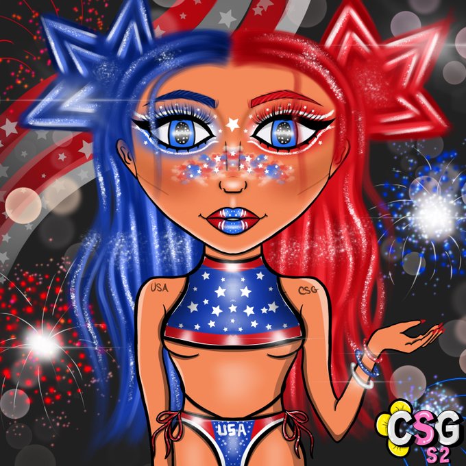 A chibi-style cartoon girl with red and blue hair wears a star-spangled USA two-piece swimsuit, surrounded by fireworks and an American flag motif. The artwork features "USA," "CSG," and "CSG S2" text, fitting the post's celebration of the 4th of July as part of the "ClassySassyGirls" NFT series.