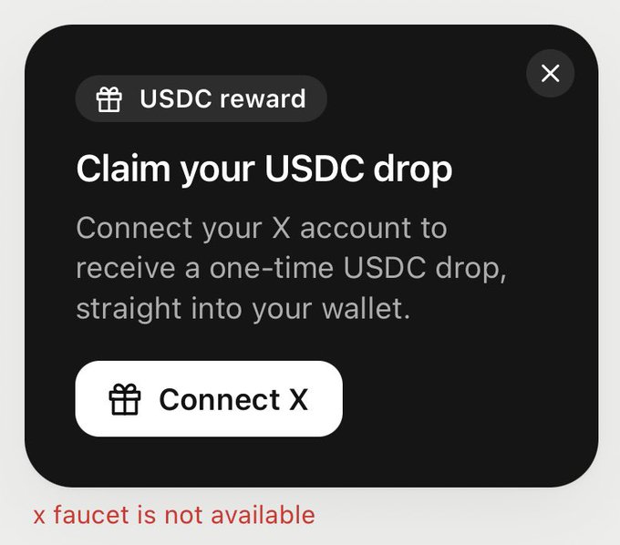 The image shows a modal prompting users to "Claim your USDC drop" by connecting their X account, with a red error message below reading "x faucet is not available."

The image likely relates to the post by illustrating that despite the promise of a free USDC drop for connecting an X account, the faucet is currently unavailable—perhaps symbolizing the frustration and unfulfilled promises of airdrops and crypto rewards, mirroring the "waiting in the rain" sentiment in the post.