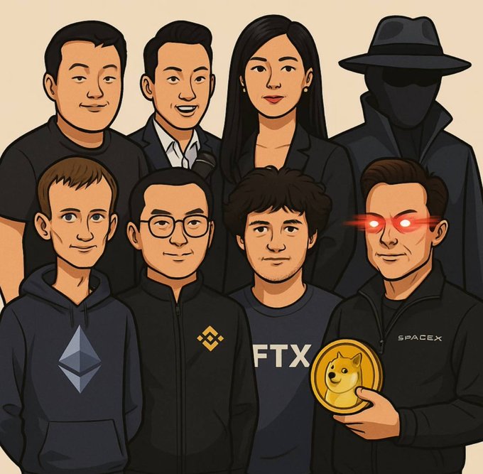 Cartoon illustration depicting prominent crypto figures including Sam Bankman-Fried (FTX shirt), Vitalik Buterin (Ethereum hoodie), Changpeng Zhao (Binance logo), and Elon Musk (SpaceX jacket with red laser eyes), alongside a mystery figure and a Dogecoin.