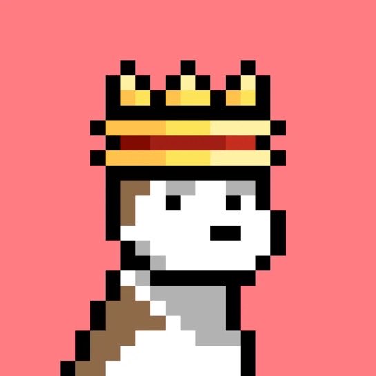 A pixel art depiction of a white character wearing a golden crown, set against a solid pink background.
