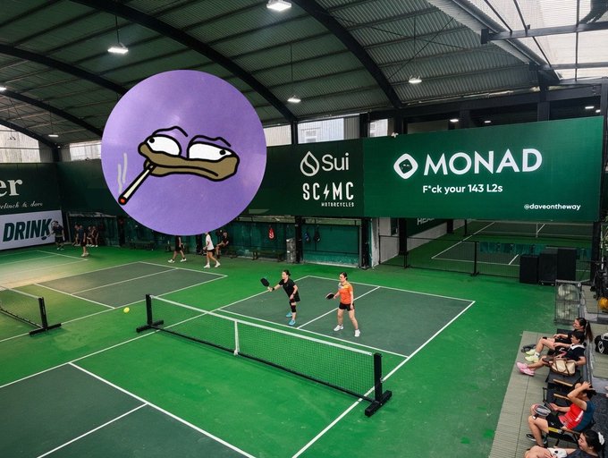 An indoor pickleball court scene with banners for "Sui" and "MONAD" visible, including the playful slogan "F*ck your 1k3 L2s" and the handle @daveontheway.
