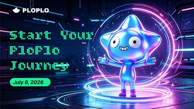 A vibrant neon-themed graphic features the PLOPLO mascot—a cheerful blue star-shaped alien—standing on a glowing portal with arms outstretched, alongside pixelated text reading "Start Your Ploplo Journey" and a date stamp of "July 6, 2026," promoting PloPlo's role as Ritual's first alien partner.