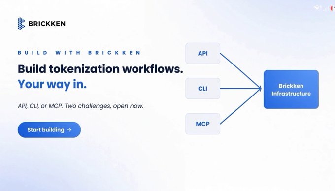 A promotional graphic for 'BRICKKEN' with the headline 'Build tokenization workflows. Your way in.' and a diagram showing API, CLI, and MCP connecting to 'Brickken Infrastructure'.