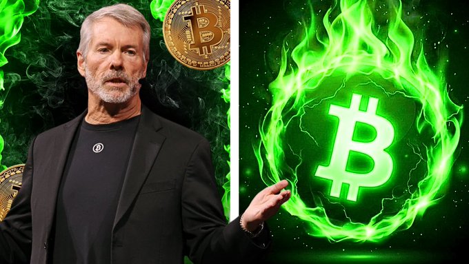 Michael Saylor stands in a dark suit next to a glowing green Bitcoin symbol surrounded by flames, with physical Bitcoin coins visible on the left.