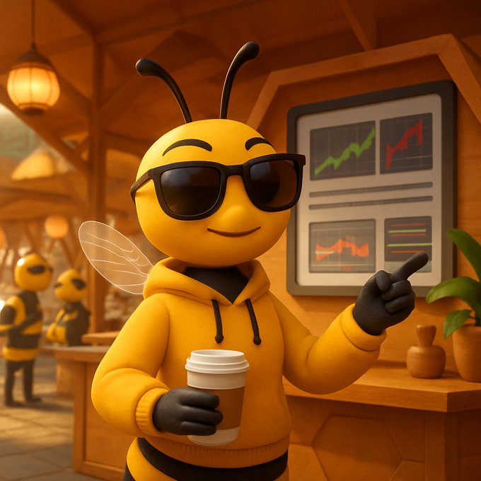 A 3D-rendered cartoon bee wearing sunglasses and a yellow hoodie holds a coffee cup while pointing at a screen displaying stock charts, with other bees visible in the background.