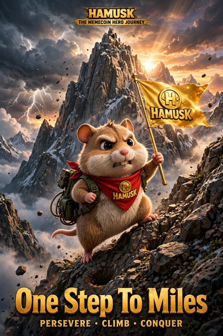 A digital illustration titled "HAMUSK: THE MEMECOIN HERO JOURNEY" with the tagline "One Step To Miles - PERSEVERE • CLIMB • CONQUER", depicting an angry hamster holding a "HAMUSK" flag on a mountain peak.