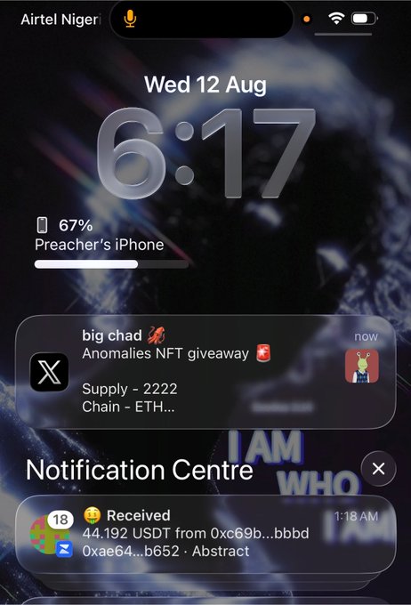 An iPhone lock screen and notification center screenshot showing the time as 6:17 on Wed 12 Aug, with notifications including an 'Anomalies NFT giveaway' from big chad and a received 44.192 USDT transaction.