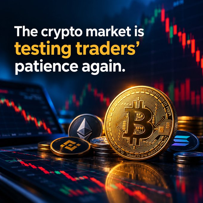 A graphic showing physical cryptocurrency coins (Bitcoin, Ethereum, Binance, and Solana) sitting on a trading chart with the overlaid text 'The crypto market is testing traders' patience again.'