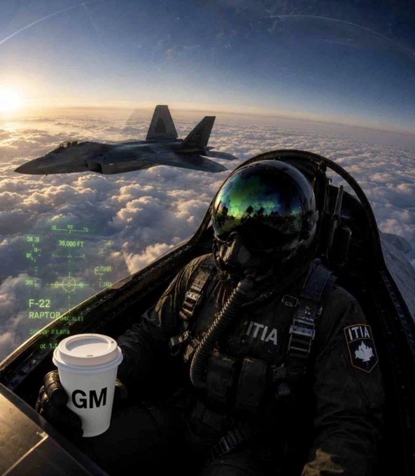 An F-22 Raptor flies above clouds next to a pilot in a cockpit, with a coffee cup labeled "GM" added to the foreground. The "GM" on the cup corresponds to the "GM" (Good Morning) in the accompanying post's greeting.