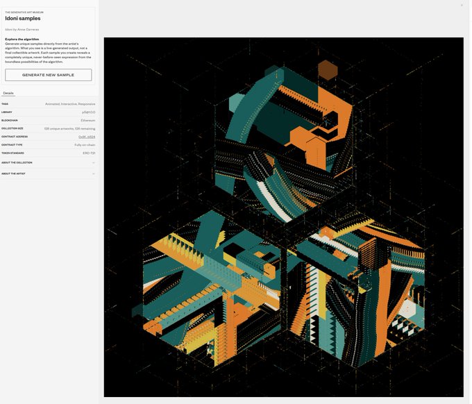 A webpage for 'Idoni samples' generated by Anne Catherine displays a complex, isometric 3D geometric artwork featuring teal and orange architectural shapes against a black background.