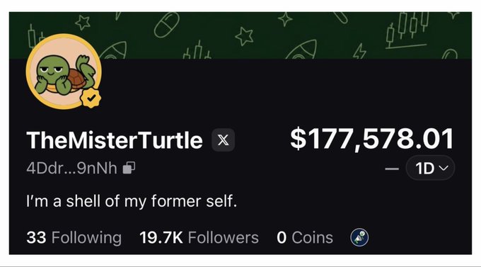 The image shows a crypto profile for "TheMisterTurtle" displaying a balance of $177,578.01, 19.7K followers, and a bio reading "I'm a shell of my former self." The accompanying post expresses the user's desire to find more accounts to follow on PumpFun, which fits the theme of social networking visible in the profile's follower metrics.
