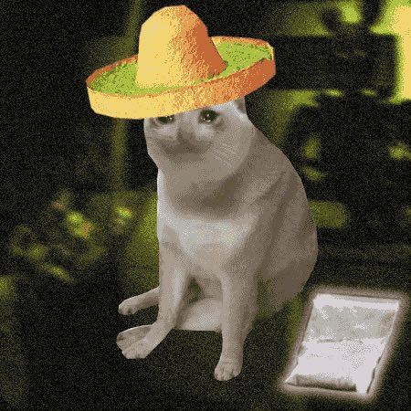 A white cat wearing a yellow sombrero, sitting next to a white bag against a dark green pixelated background.