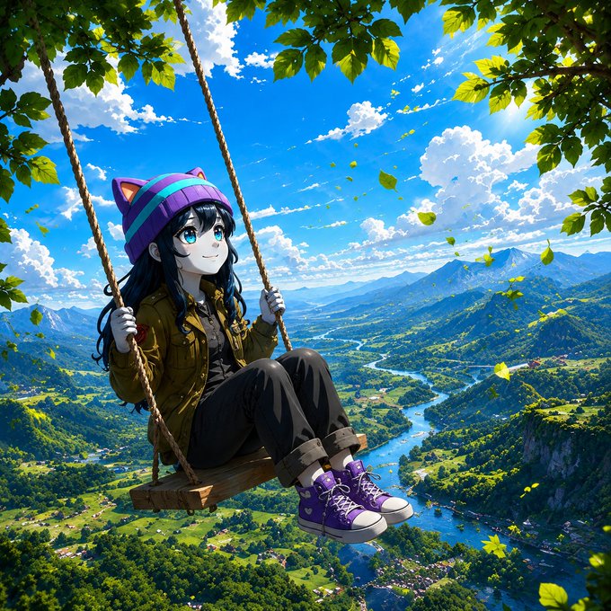 A cheerful anime girl with cat ears, wearing a purple beanie, olive jacket, and purple sneakers, swings high above a breathtaking valley with a winding river and mountain backdrop under a bright sunny sky—perfectly capturing the carefree, joyful spirit of a "Happy Sunday funday."