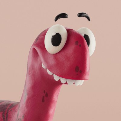 A 3D-rendered pink dinosaur character with large expressive eyes and a friendly smile with white teeth, set against a soft pink background.