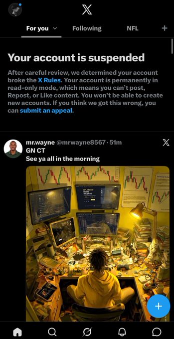 Twitter/X screenshot showing a suspended account message above a post by "mr.wayne @mrwayne8567" captioned "GN CT, See ya all in the morning" featuring an illustration of a person at a trading desk.