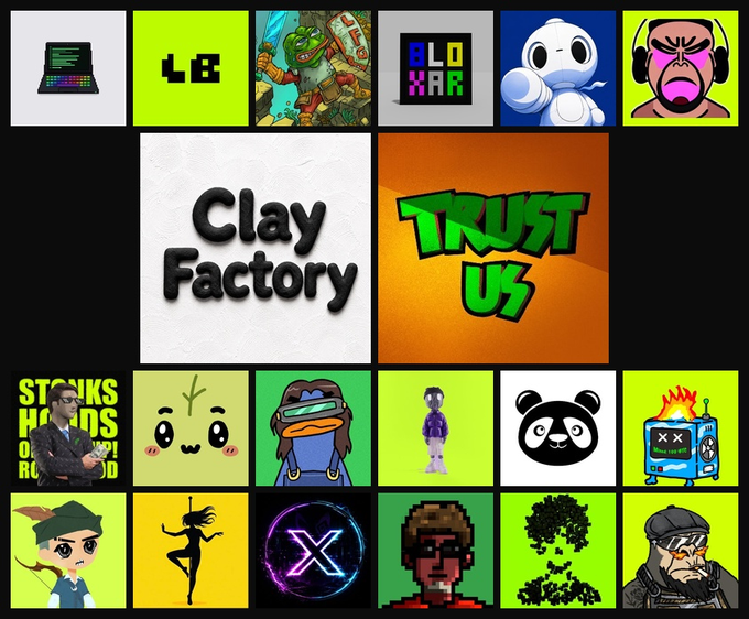 A collage of various NFT collection thumbnails and icons, including "Clay Factory," "BLO KAR," and "TRUST US," paired with a list of NFT mints for September 11 featuring LAPTOP RH (1,111 supply, free public mint), TRUST US (4,444 supply at 0.0009/0.0021 ETH), and Lil Brokers.
