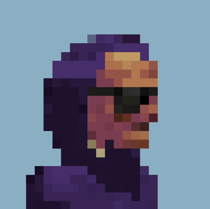 A pixel art portrait of a person with dark purple skin/hair, orange face, and dark sunglasses against a light blue background.