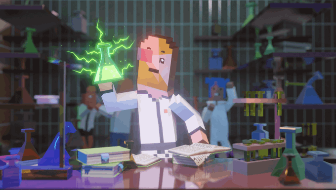 A 3D animated character with orange hair and a beard in a white lab coat holding a glowing green flask in a laboratory setting.