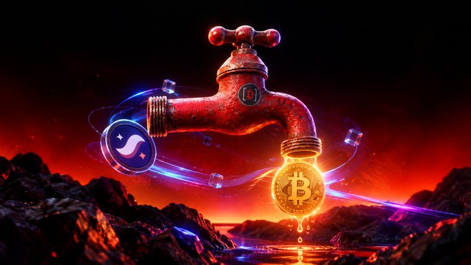 A digital artwork depicts a red faucet dripping golden Bitcoin coins next to a Stellar (XLM) coin against a fiery, rocky background.
