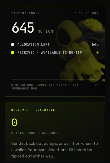 A dashboard for the $MOTION app showing 'Tipping Power: 645 MOTION' with 645 allocation left and 0 received, indicating 0 of 50,000 tipped out today.