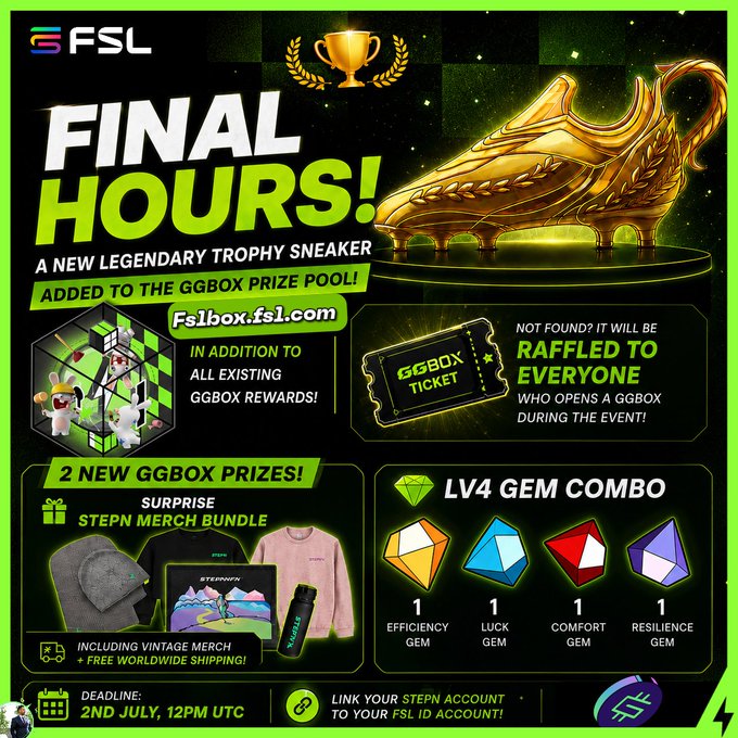 FSL promotional graphic announcing "FINAL HOURS!" with a golden trophy sneaker added to the GGBOX prize pool, featuring new prizes including a STEPN Surprise Merch Bundle and an LV4 Gem Combo, with a deadline of 2nd July, 12PM UTC.