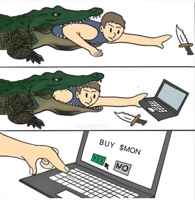 A three-panel cartoon meme depicting a person reaching past an alligator for a knife, then for a laptop, and finally clicking 'YES' to 'BUY $MON' on the screen.