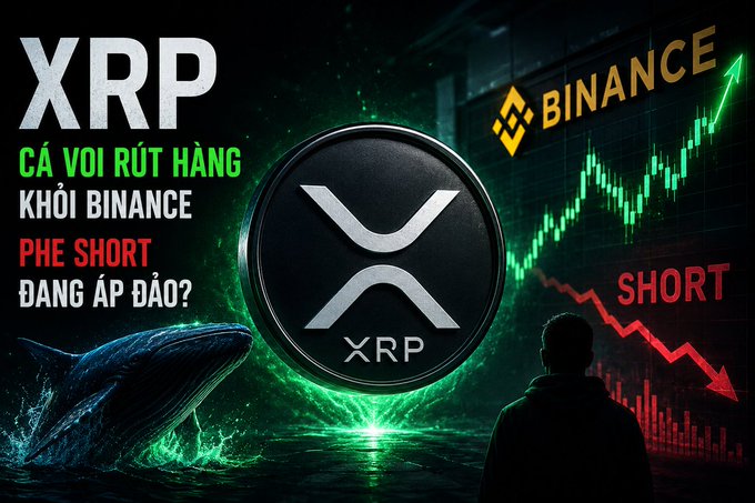 A YouTube-style thumbnail about XRP cryptocurrency with Vietnamese text reading 'XRP CÁ VOI RÚT HÀNG KHỎI BINANCE' and 'PHE SHORT ĐANG ÁP ĐẢO?', featuring Binance and XRP logos with candlestick charts.