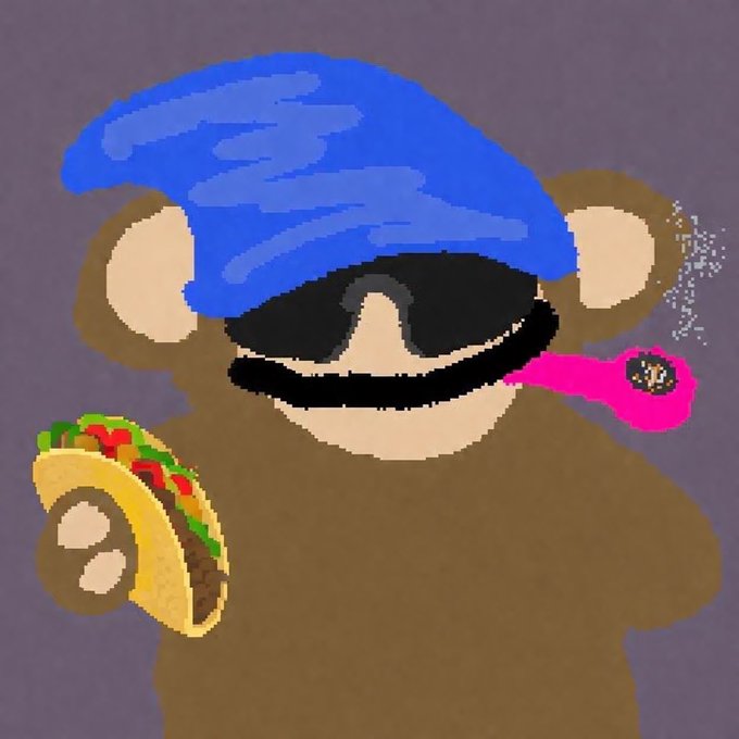 A crude digital drawing of a brown bear wearing a blue cap, dark sunglasses, and holding a taco in one hand and a pink lighter in its mouth.