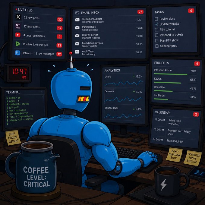 A cartoon illustration shows a blue robot sitting at a desk surrounded by monitors displaying various notifications including "LIVE FEED" with "X 32 new posts 32", "EMAIL INBOX 27", "TASKS 9", "ANALYTICS", "PROJECTS 4", and "CALENDAR 2", with a coffee mug labeled "COFFEE LEVEL: CRITICAL".
